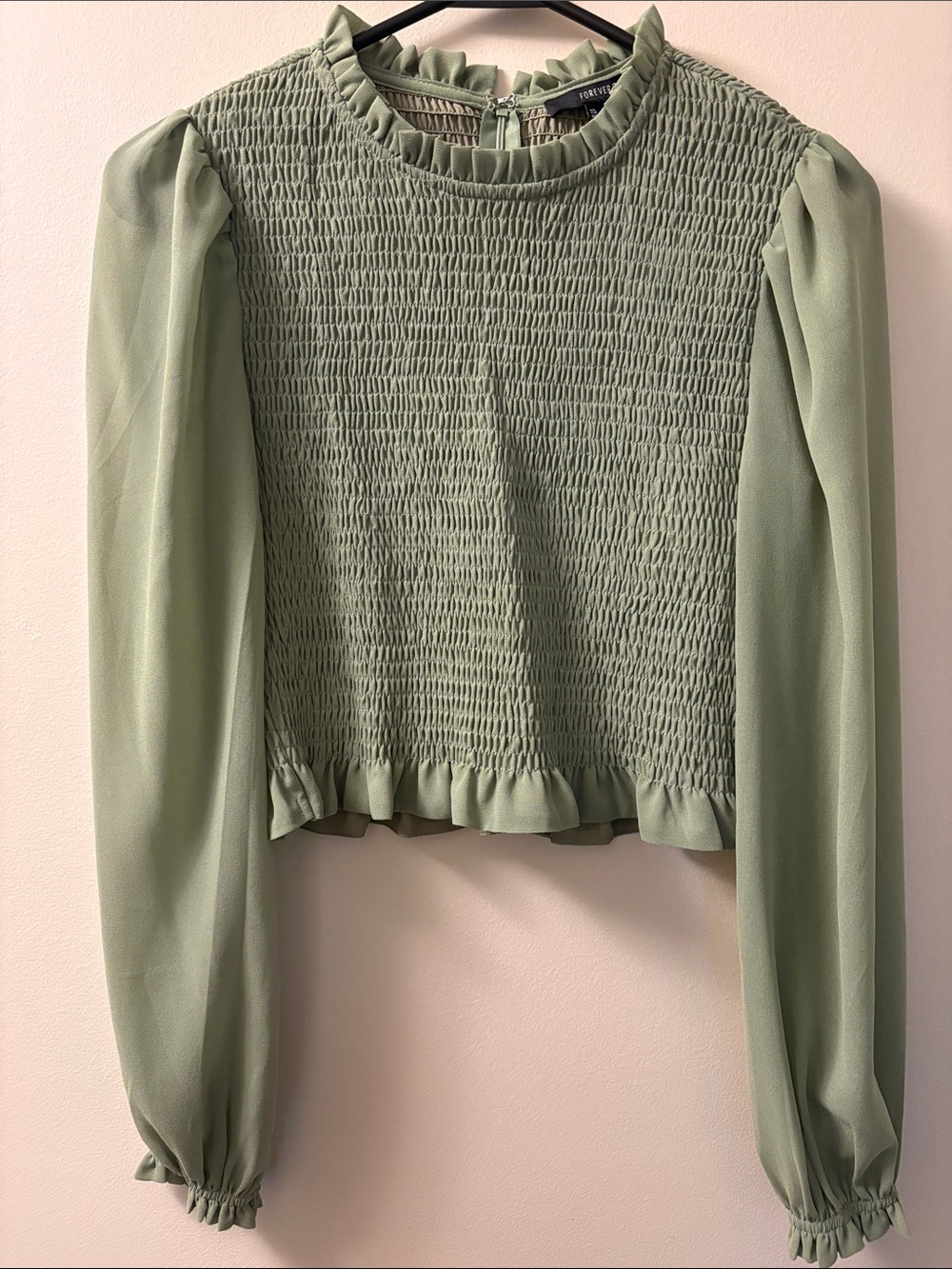 Forever 21 Light Sage Green Smocked Ruffle Long Sleeve Blouse